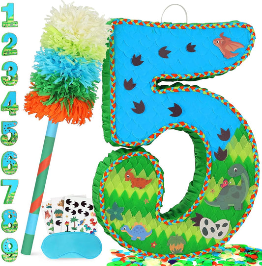 Number 5 Pinata for Birthday Party Decorations, Jungle Dinosaur Piñata Games Toy (5th)