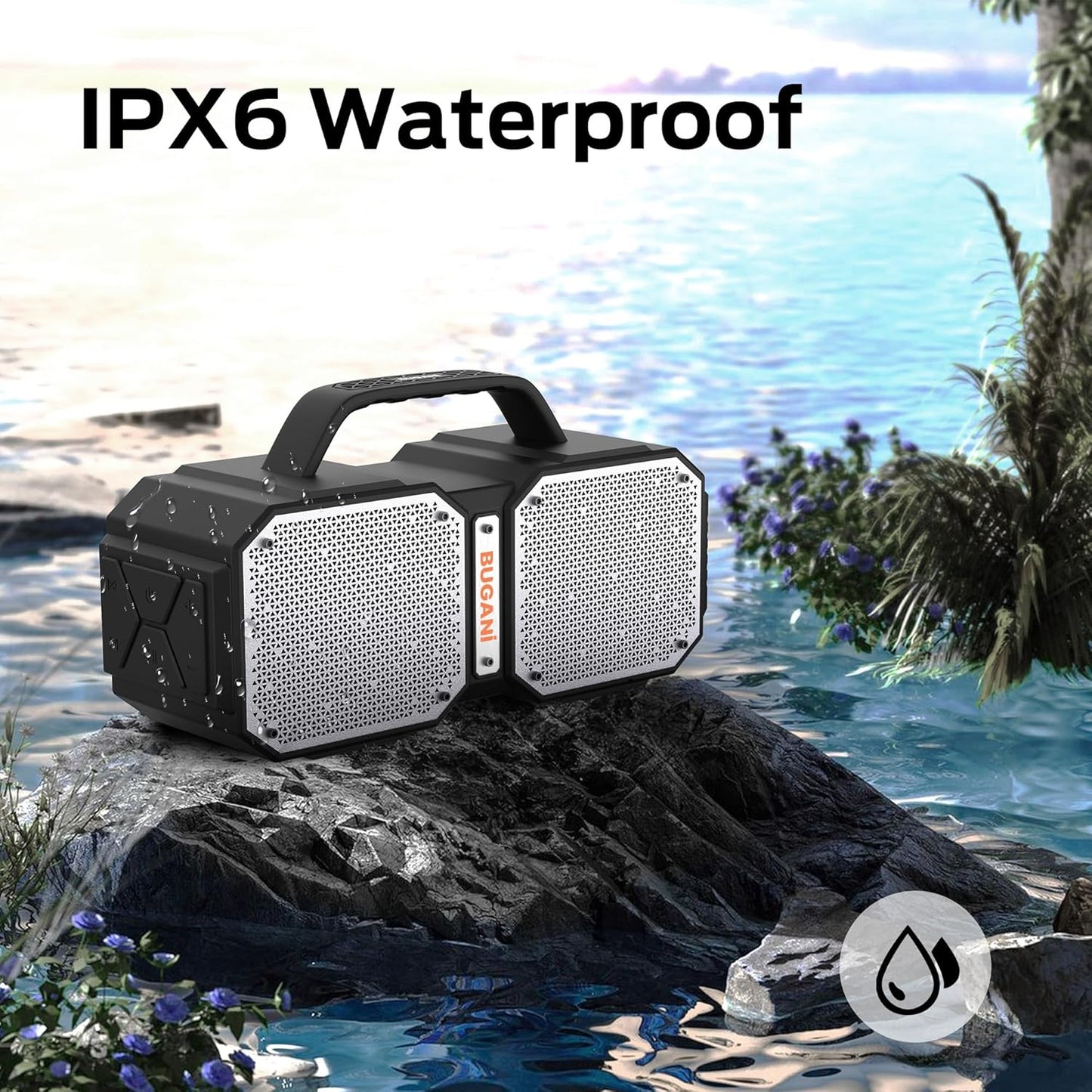 BUGANI Shock Bluetooth Speaker, Portable Bluetooth 5.3, Waterproof Design, 60W High Power Output, Outdoor Speaker, Black (New Model)