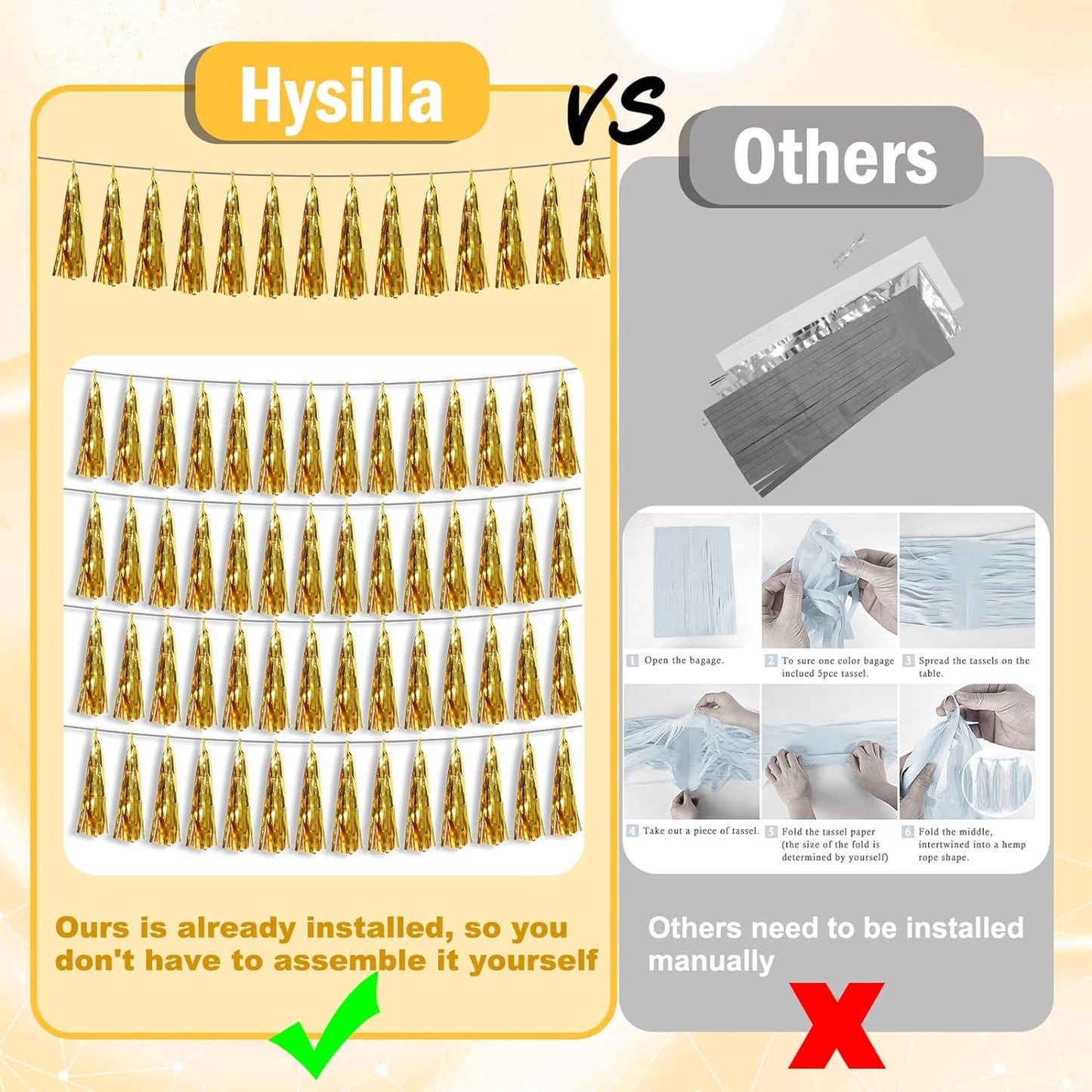 3P Gold Foil Fringe Metallic Tassel Streamers Banner Tassel Garland for Parade Floats, Bachelorette, Wedding, Birthday, Halloween, Christmas, Bridal/Baby Shower Party Decorations