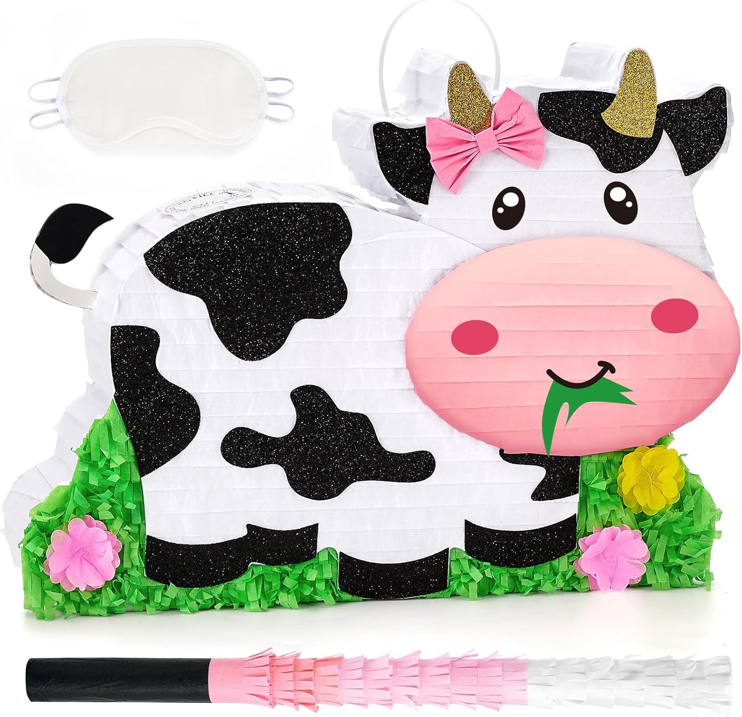 WERNNSAI Dairy Cow Piñata - Farm Animal Party Game Cow Pinata for Girls Birthday Party Decorations Kids Happy Party Favor Supplies with Bat Blindfold, Farm Theme Candy Toys Filler