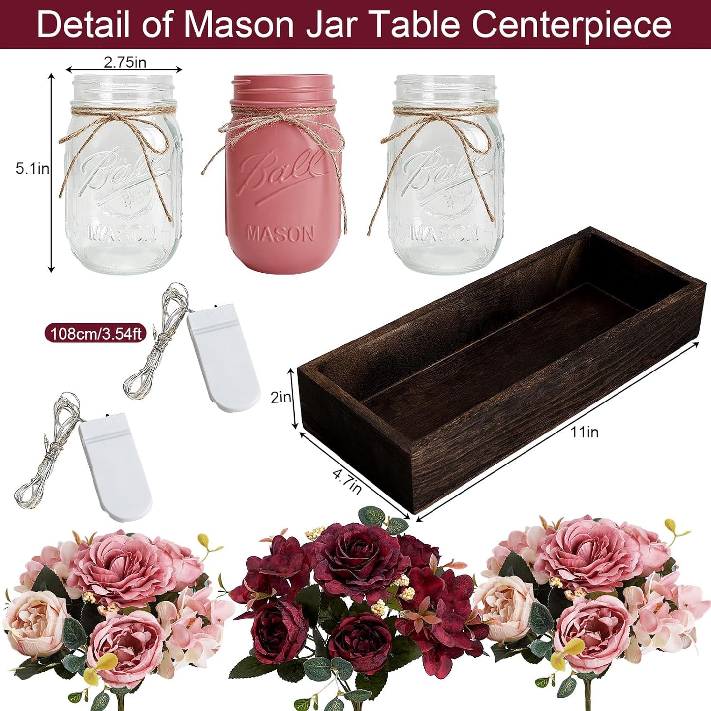Mason Jar Lights Centerpiece for Table, Mason Jar Centerpiece Decor for Dining Room Farmhouse Coffee Table Decor with Wood Tray Fairy Lights Peony Flowers for Kitchen Living - Burgundy Pink