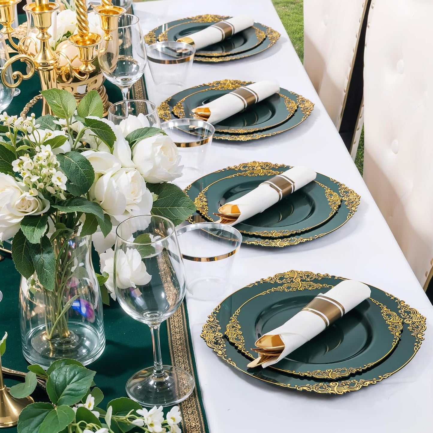 Nervure 350PCS Green Plastic Plates - Green Gold Plastic Dinnerware Sets for 50 Guests - 100 Disposable Plates, 150 Gold Silverware, 50 Cups, 50 Napkins for Wedding & Party & Christmas