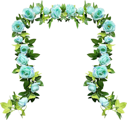 UKELER 2 Pack Artificial Flower Garland Fake Rose Vine Artificial Flowers Green&Blue Hanging Roses for Wedding Arch Party Garden Craft Home Decor