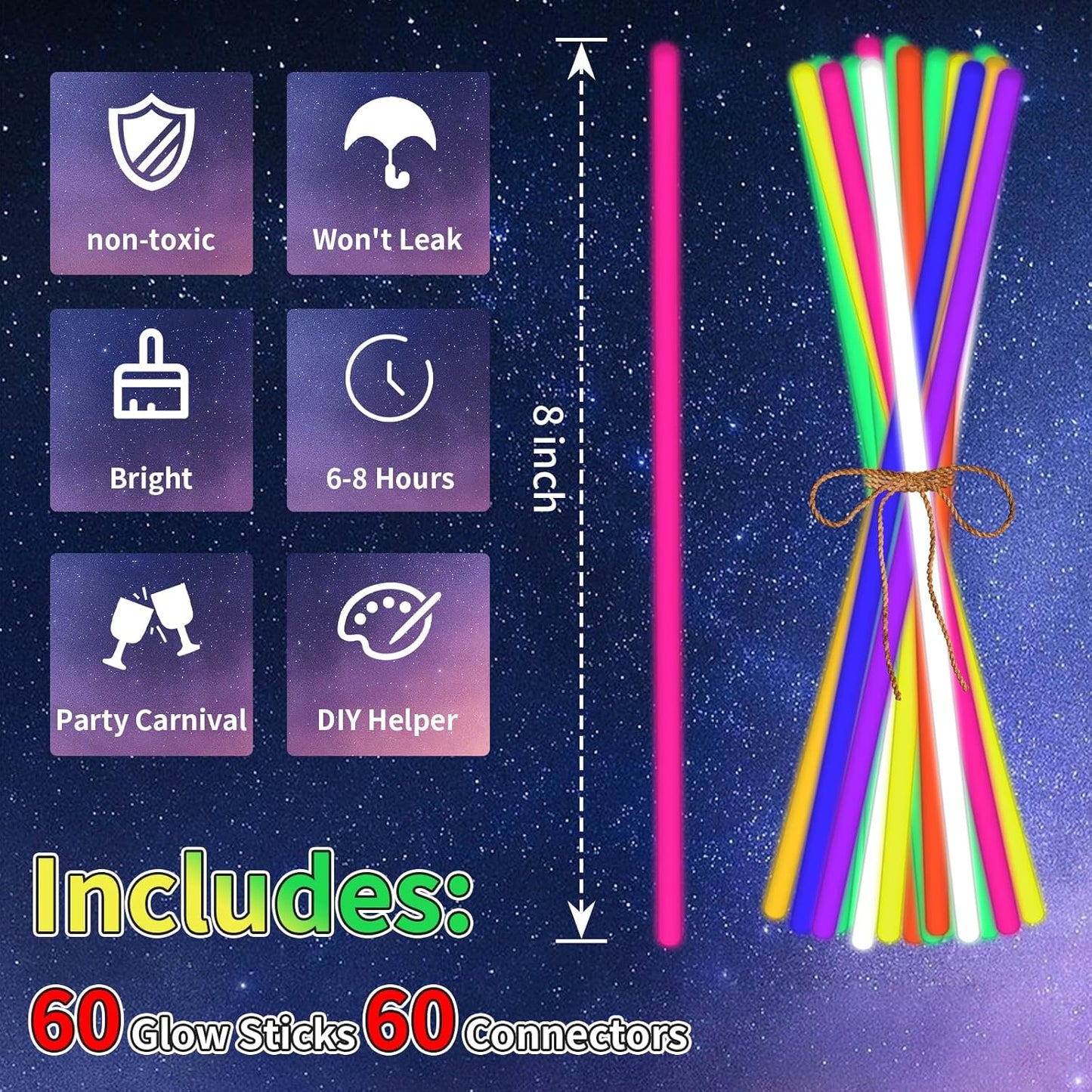 60 Pack 8” Glow Sticks Glow Sticks with 60 Connectors Neon Glow In The Dark Party Supplies for Christmas Holiday Decoration Party Carnival (Colorful)