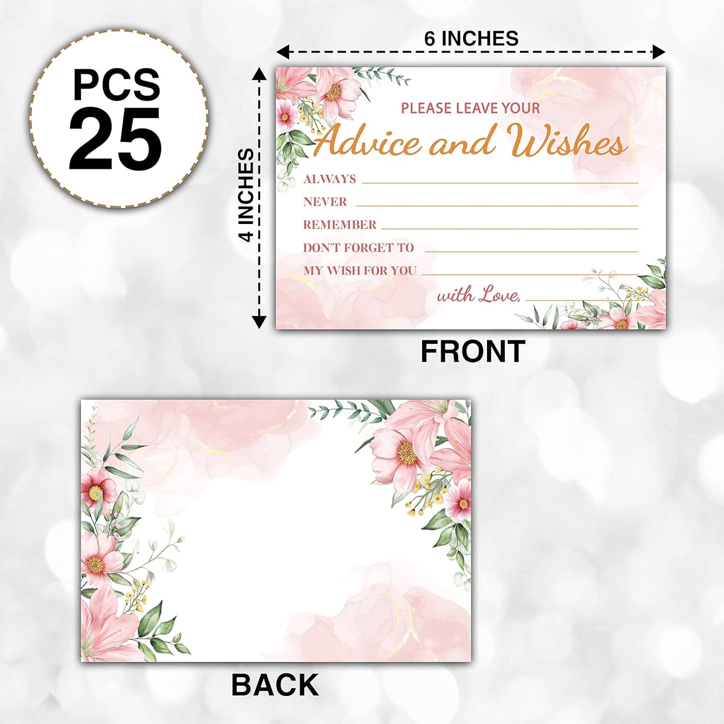 Boho Floral Greenery Advice and Wishes Cards, 25 Pcs Blush Pink Double Sided Advice Cards for The Bride and Groom, Mr and Mrs, Bride Shower, Wedding Reception, Engagement Party(06)