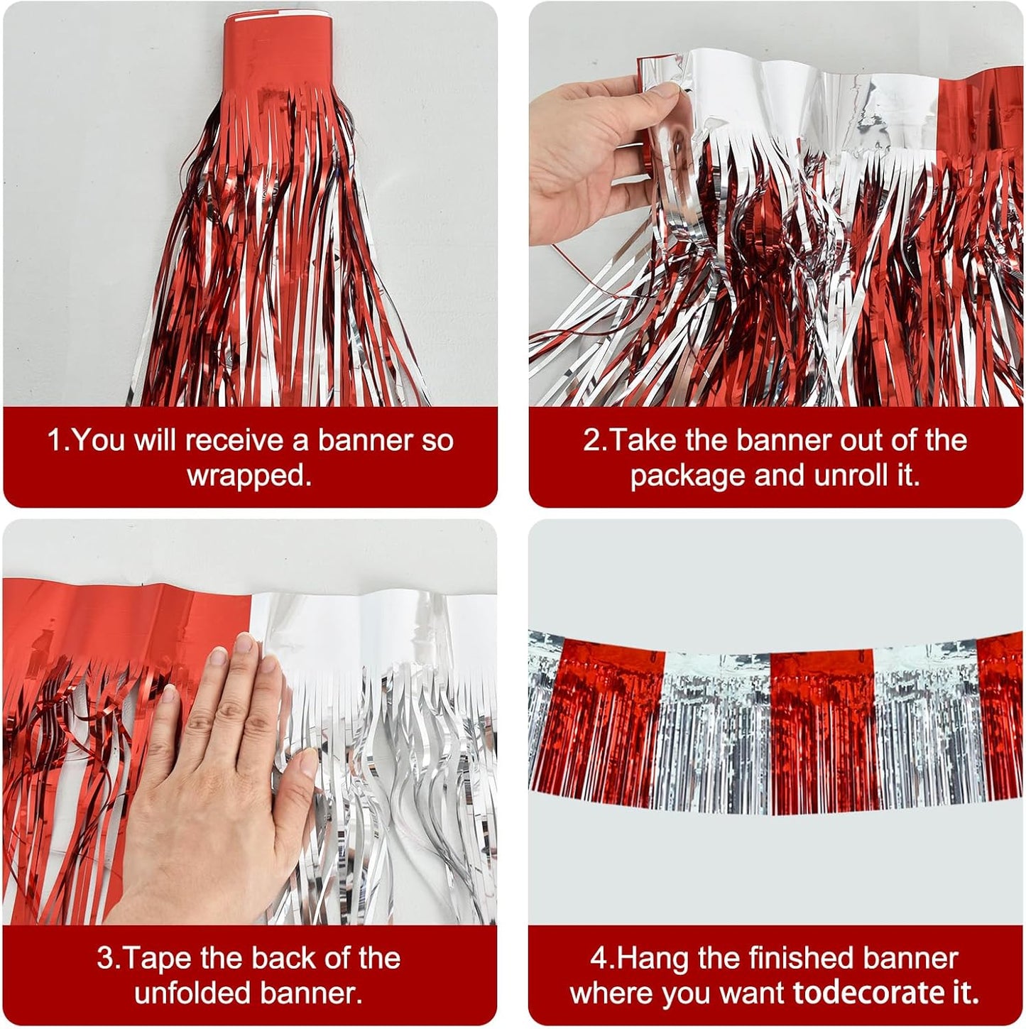 BEISHIDA 3 Packs Red Silver Metallic Foil Fringe Garland Red Silver Wall Hanging Tinsel Fringe Banners for Halloween Floats Bridal Shower Wedding Birthday Graduation Holiday Party Decoration(30 Ft)