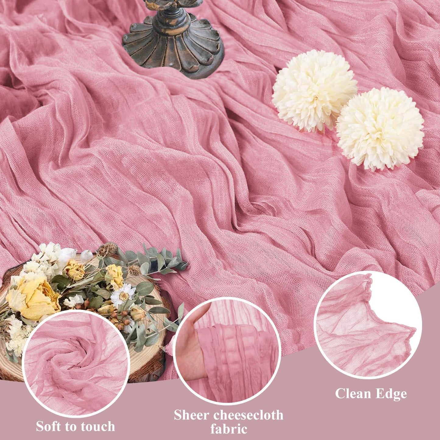 Asee'm 12pcs Cheesecloth Table Runner 120 Inches Long Pink Boho Gauze Cheese Cloth Runner 10FT Rustic Sheer Table Runners for Christmas Wedding Party Baby Shower Spring Easter Decoration