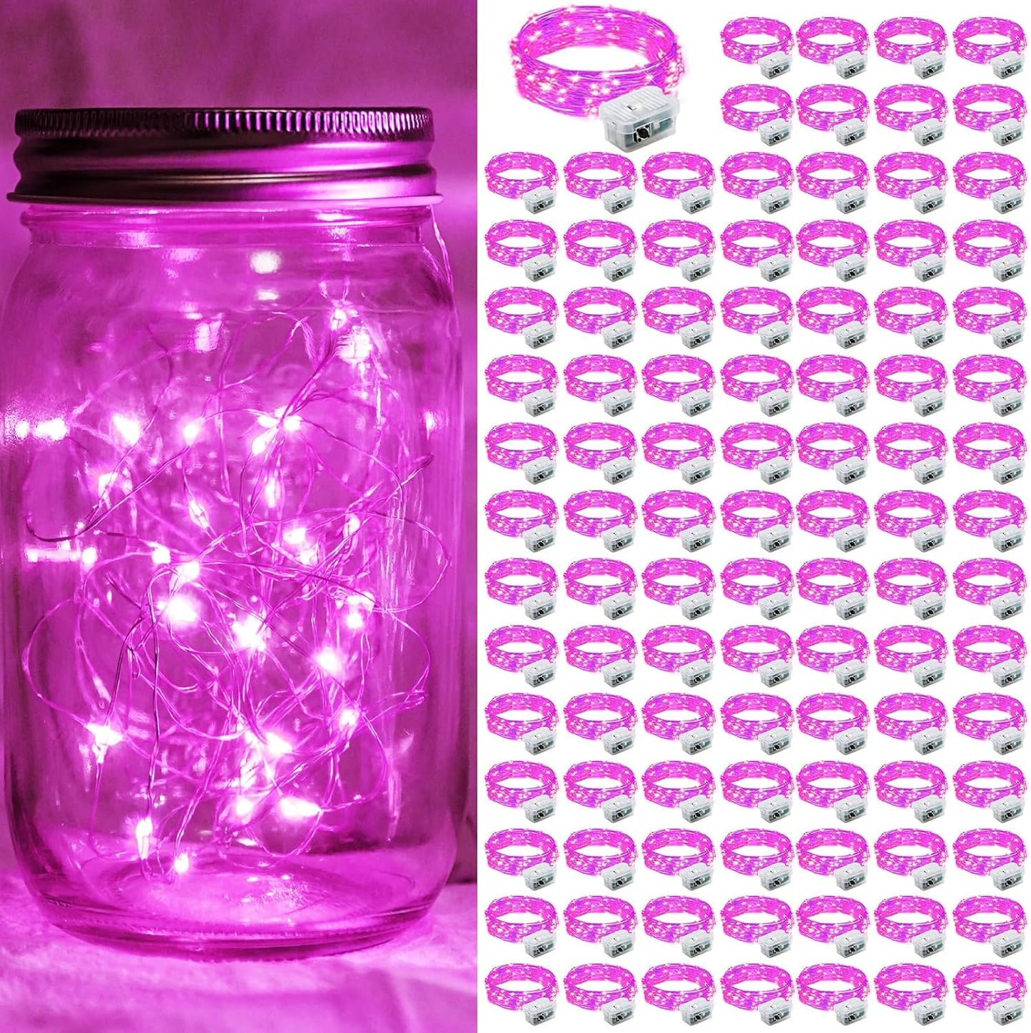 100 Pack Pink Fairy Lights 7Ft 20 LED Twinkle String Lights 3 Modes Battery Operated Waterproof Firefly Starry for Mason Jar Party Wedding Christmas Valentines Day Table Centerpieces