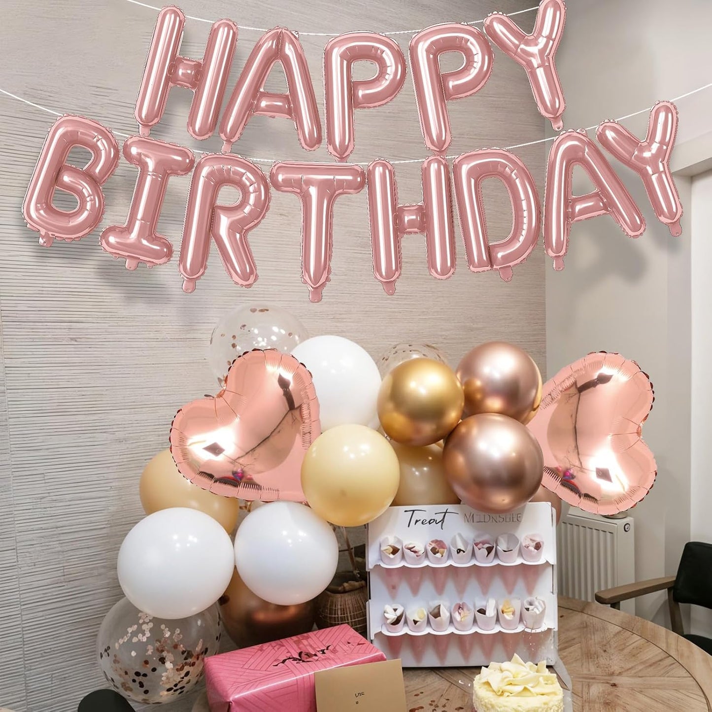 Happy Birthday Balloon Banner Rose Gold, 16 Inch Mylar Letters Rose Gold Heart Foil Balloons Dusty Blush Pink Nude Metallic Ivory Balloons Boho Neutral Birthday Decorations for Girls Women