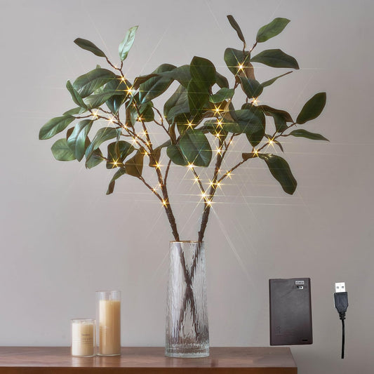 Hairui Lighted Magnolia Branches with Timer 32IN Battery Operated or USB Plug in, Faux Greenery Willow Branch with Lights 60 LED Fairy Lights for Room Fireplace Spring Decoration
