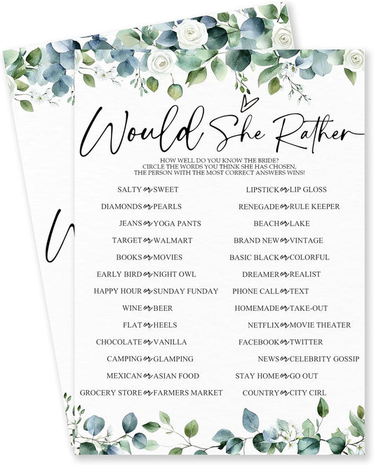 He Said She Said - Botanical Bridal Shower Game Cards - 50 Pcs Eucalyptus Leaves Game Cards - Funny Wedding Party Games for Bride & Groom - Activities for Bachelorette Party - A03