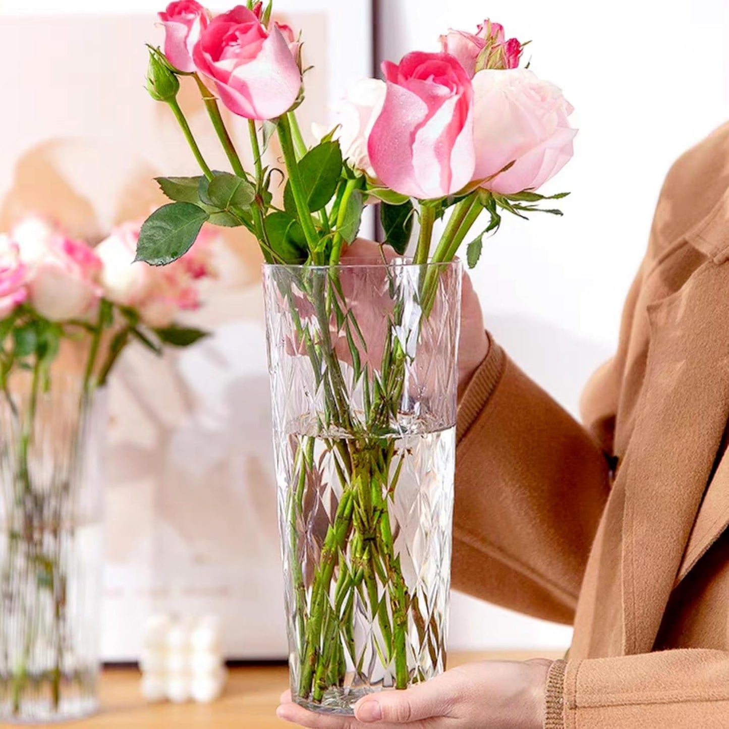 2 Clear Crystal Plastic Flower Vase, 10.2" Acrylic Rose Bouquet Vases for Home Decor Centerpieces Wedding Birthday Mothers (D4.6 2 + 2 Holder)