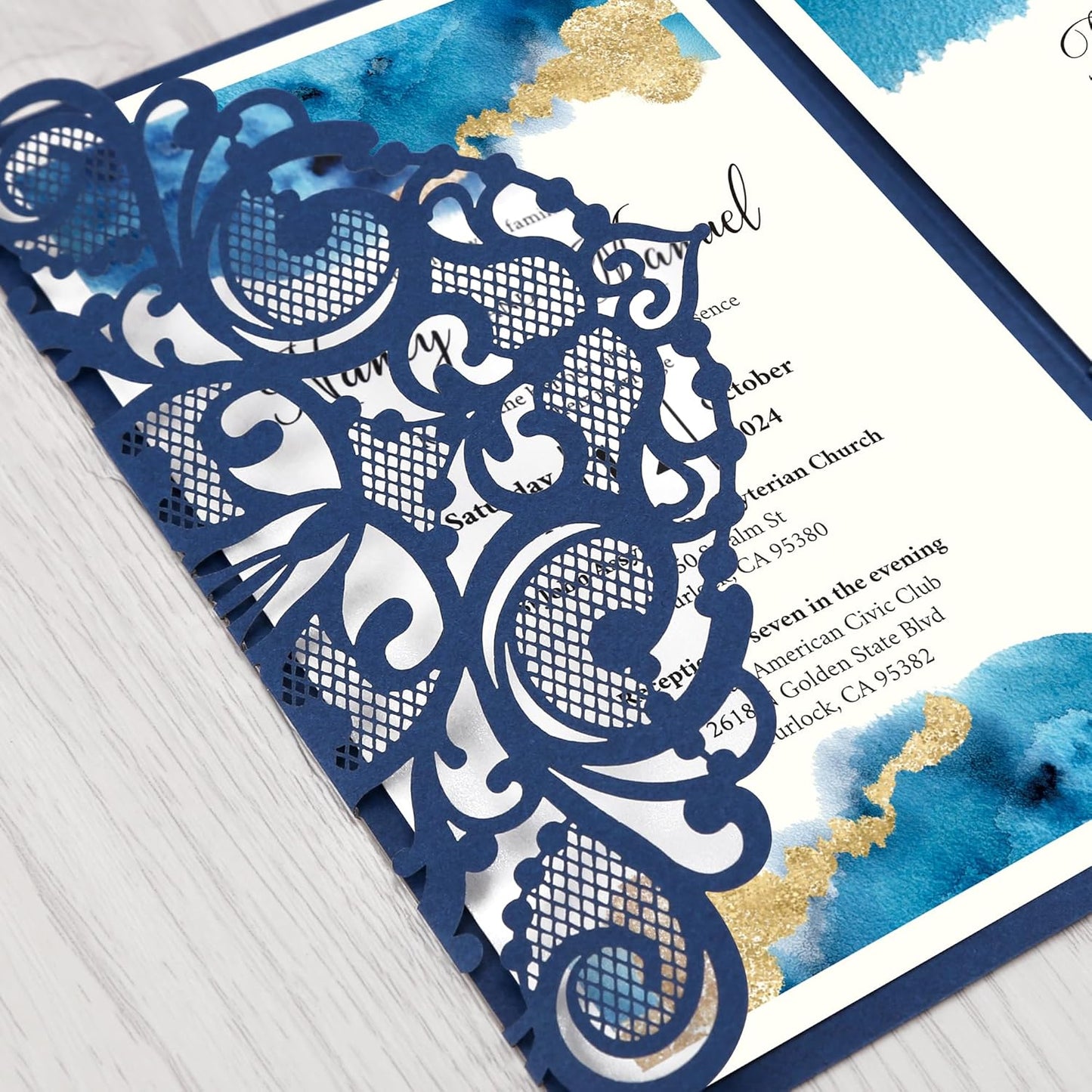 DORIS HOME 50PCS Laser Cut Wedding Invitations with Envelopes and RSVP Cards Personalized Inner With Gold Glitter Belly Band for Wedding Engagement Bridal Shower Party Invite 4.7x7 Inch Navy Blue