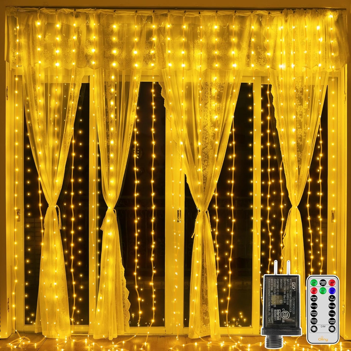 Ollny Curtain Lights 300LED 9.8ftx9.8ft, Connectable IP67 Waterproof Outdoor Curtain String Lights with Remote, Plug-in Untangle Fairy Lights with 8 Modes 3 Timers for Wall Backdrop Decor(Warm White)