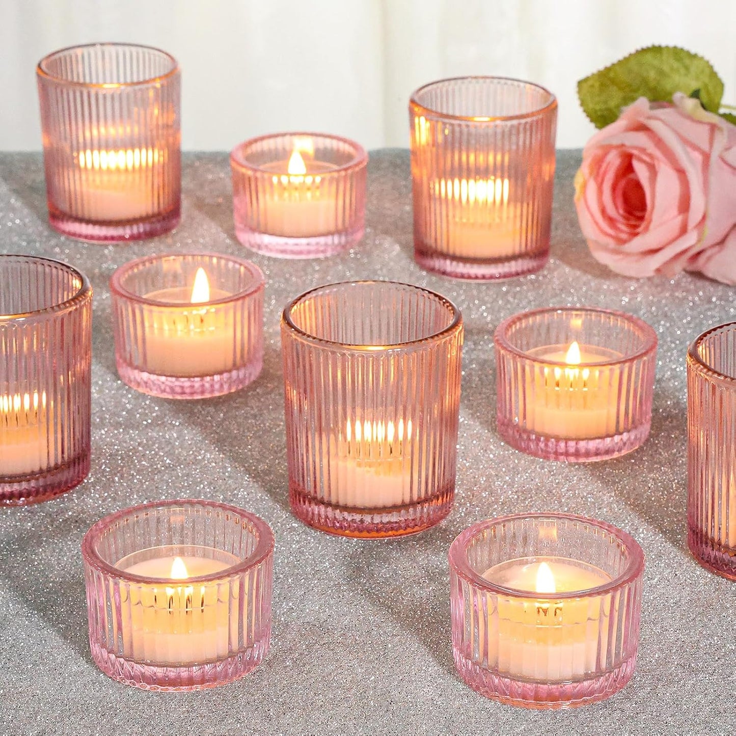 24 Pcs Glass Votive Candle Holders – Assorted Ribbed Pink Tea Light Holders Bulk for Weddings, Baby Showers, Parties, Home Décor, and Table Centerpieces