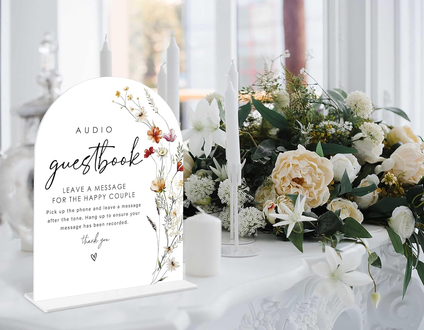 Boho Floral Audio Guest Book Sign, 6 x 8 Inch White Arch Acrylic Wedding Sign with Holder, Wedding Sign for Ceremony and Reception, Wedding Decoration, Wedding Supplies - BX29