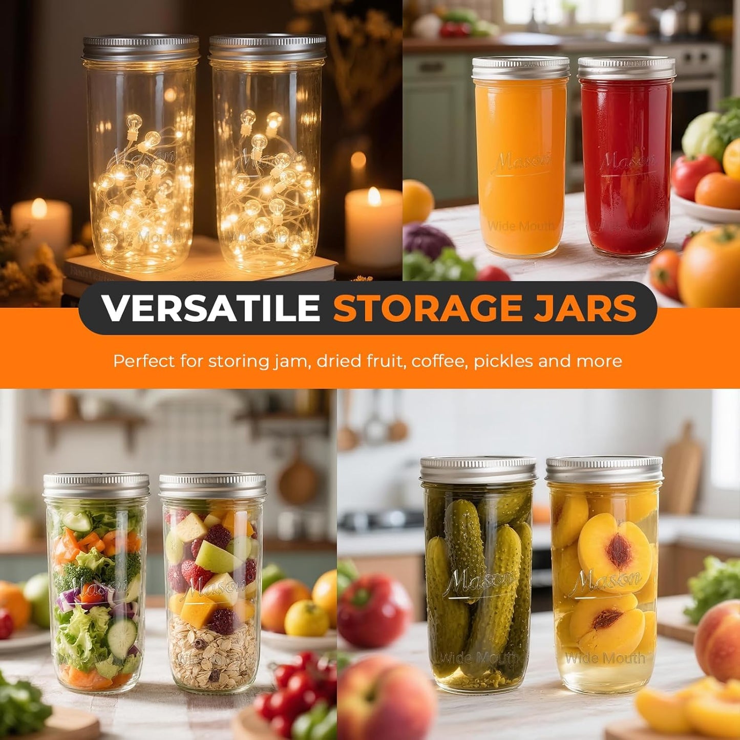 CycleMore 24 oz Wide Mouth Mason Jars, Canning Jars with Metal Airtight Lids and Bands, 12 Pack Glass Storage Jars for Fermenting, Pickling, Meal Prep, Overnight Oats, Jam, Jelly & DIY