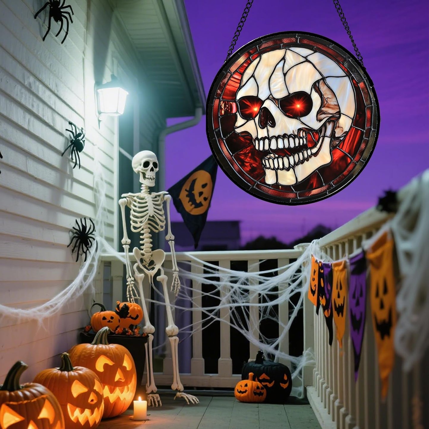 Stained Glass Window Hanging - Halloween Decorations White Skeleton Suncatcher for Doors Garden Indoor Spooky Funny Red Sun Catchers Gothic Decor Horror Gifts for Women Men Friend 7.8 in