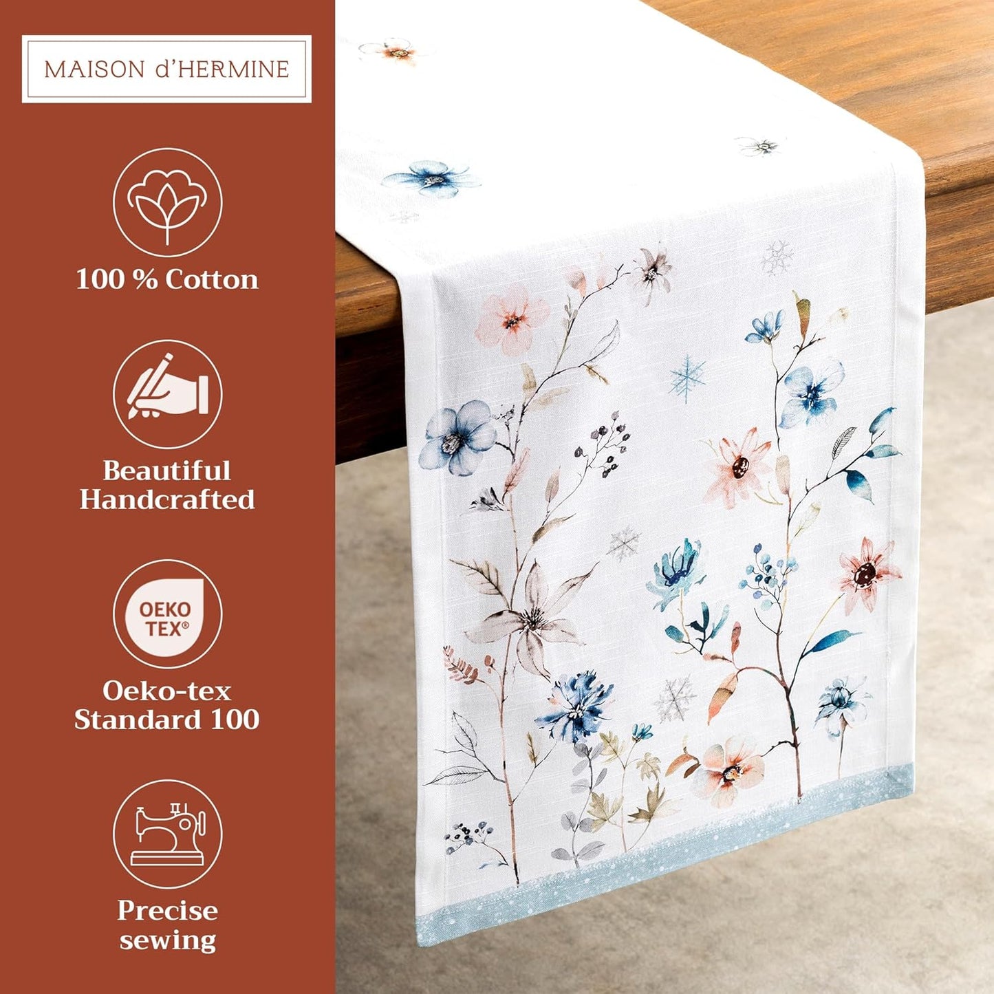 Maison d' Hermine Table Runner 100% Cotton Single Layer Table Runners 72 inches Long for Thanksgiving Christmas Decorations Home Kitchen Dining Party Wedding (Ice Florals, 14.5" x 72")