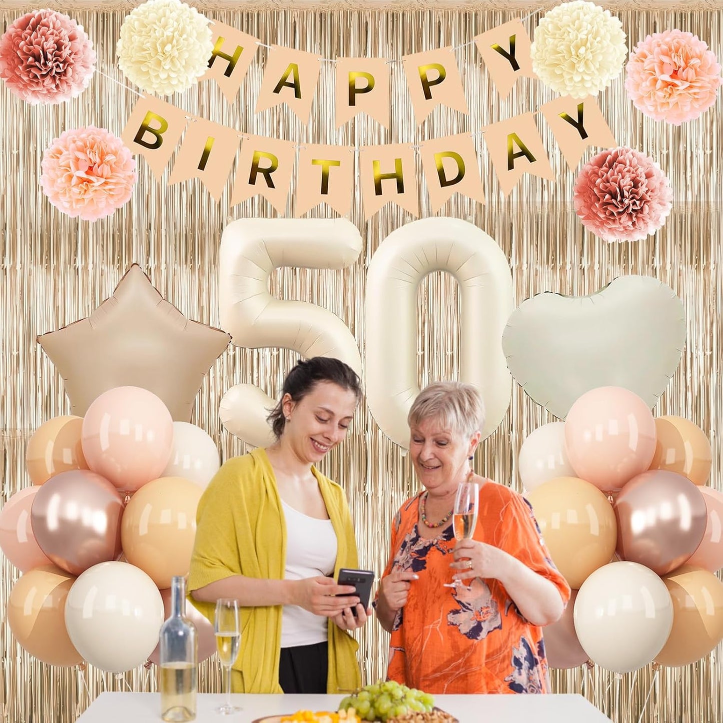 Beige 50th Birthday Decorations for Women Cream Number 50 Balloon Nude Gold Happy Birthday Banner Fringe Curtain Paper Pom Poms Blush White Sand Champagne Star Foil Balloons Neutral Boho Party Decor