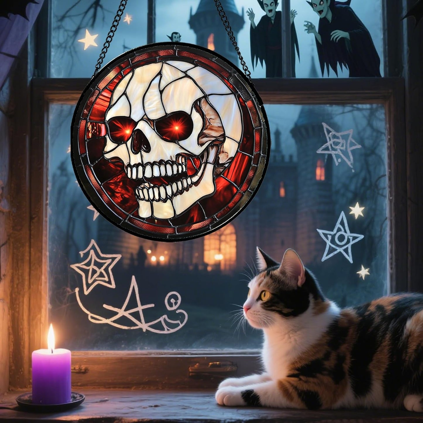 Stained Glass Window Hanging - Halloween Decorations White Skeleton Suncatcher for Doors Garden Indoor Spooky Funny Red Sun Catchers Gothic Decor Horror Gifts for Women Men Friend 15 in