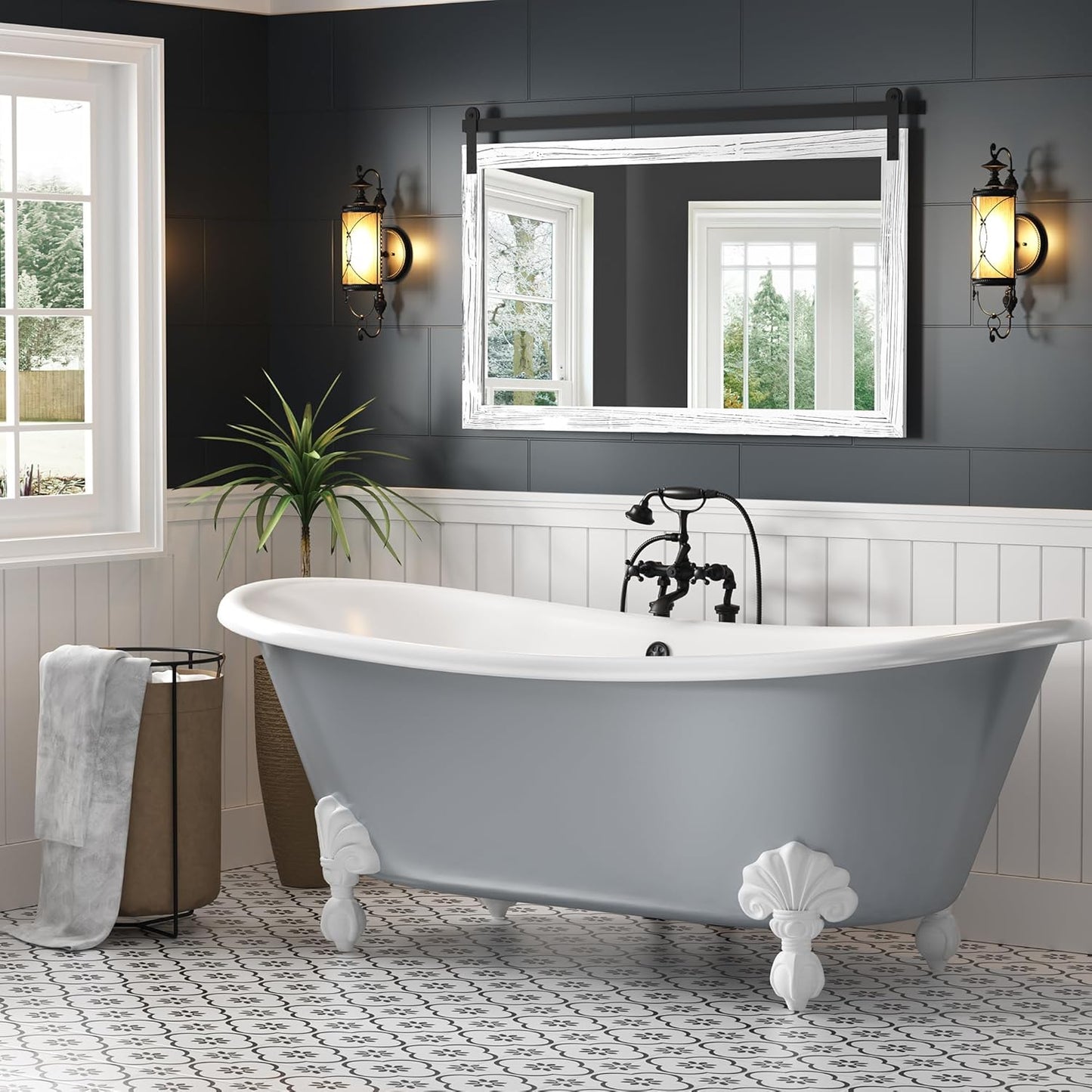 COGOOD Farmhouse Bathroom Mirror - 49 x 30 Rustic Wood Framed Wall Barn Door Mirror for Entryway, Living Room, Entryway Wall Decor (White)