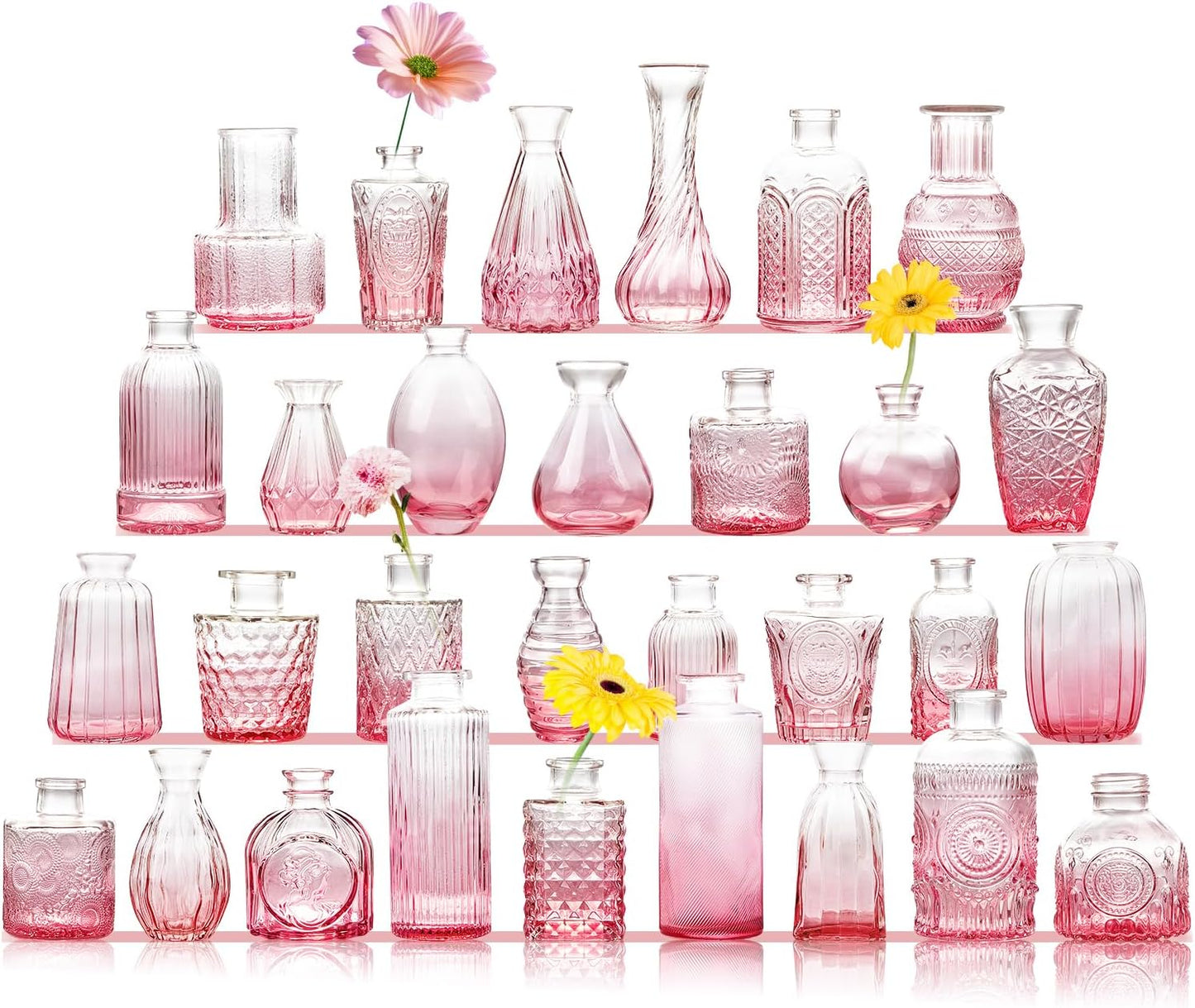 Pink Glass Bud Vase Set of 30, Small Flower Vases in Bulk, Mini Vintage Vases for Centerpieces, Home, Parties, Wedding Table Decoration (30 Pack)