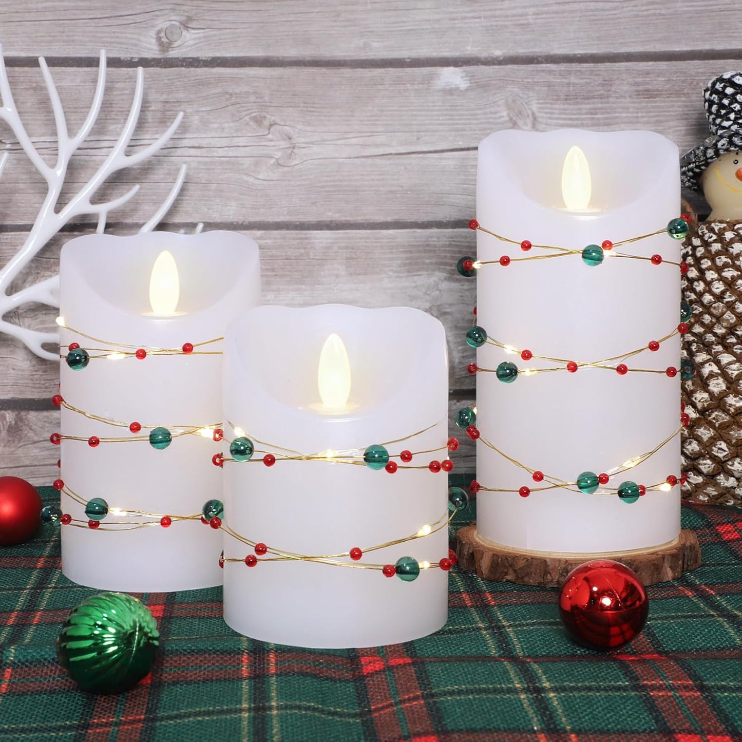 Christmas Flameless Candles with Red Green Beads String Lights - Real Wax Christmas Decor Battery Operated Candles with Remote & Timer- Home Party Bedroom Holiday Xmas Decorations - Set of 3