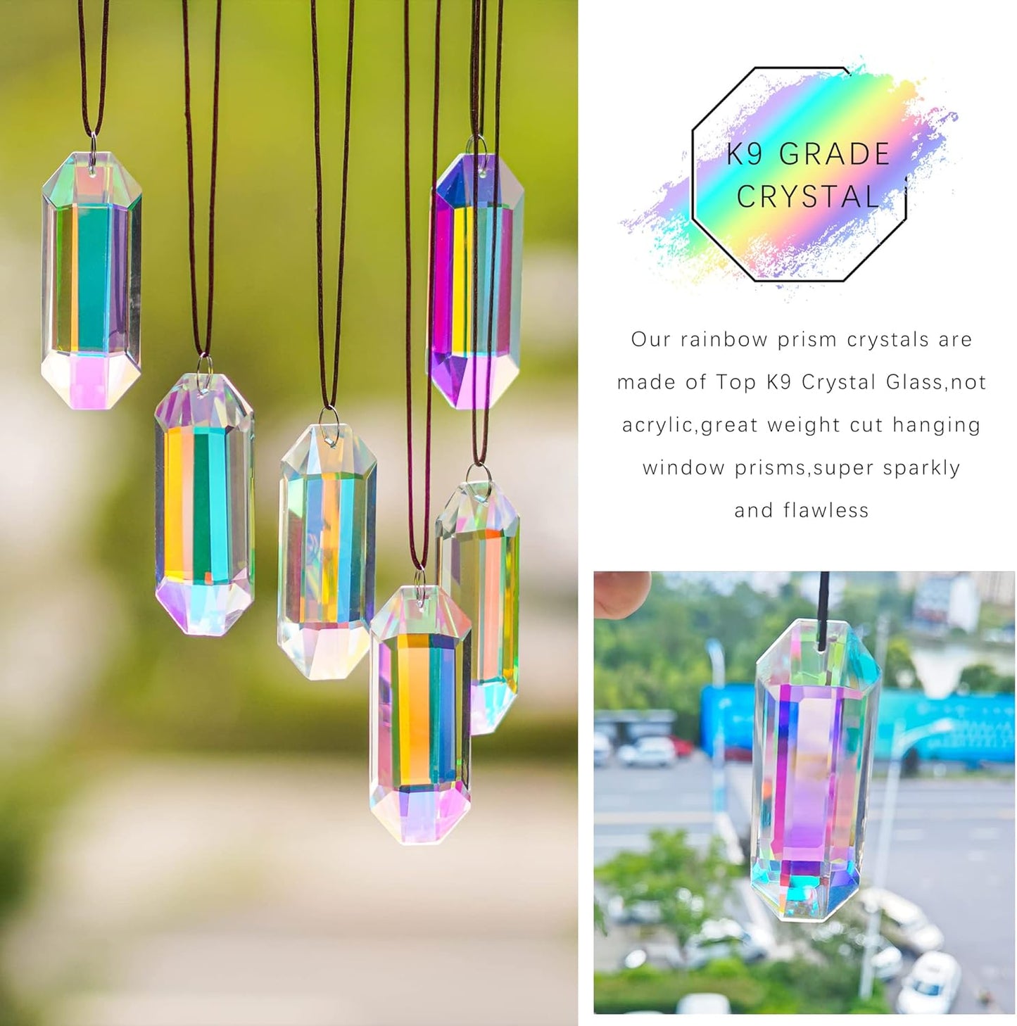 6 Pack 3'' Crystal Sun Catchers, AB Color Hanging Ornaments for Windows Sticks Prism Suncatchers for Garden Home Decor Office Living Room Windows Crystal Rainbow Maker