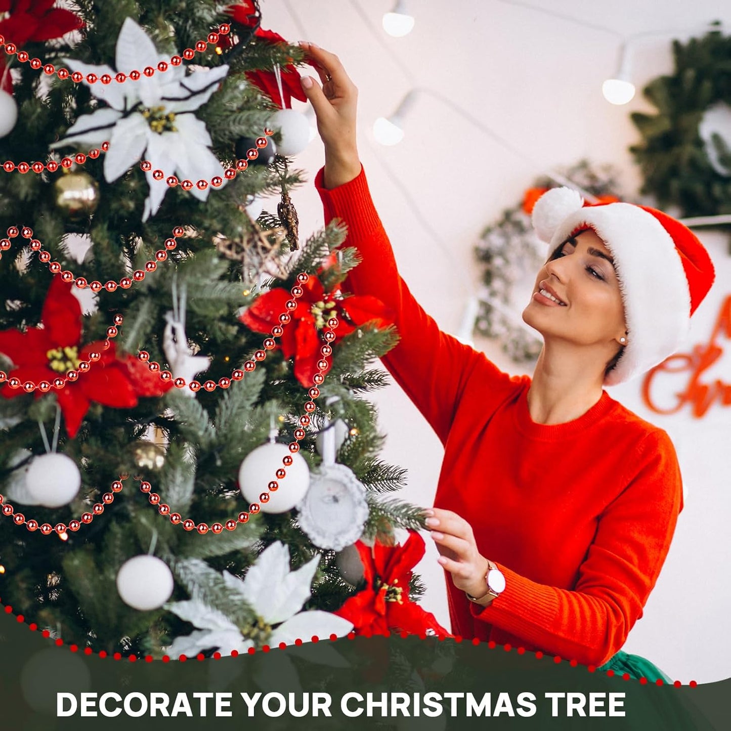 Red 8MM Faux Pearl Garland, 33 Feet Roll Strand Wedding Party Decoration, Christmas Tree Decorations