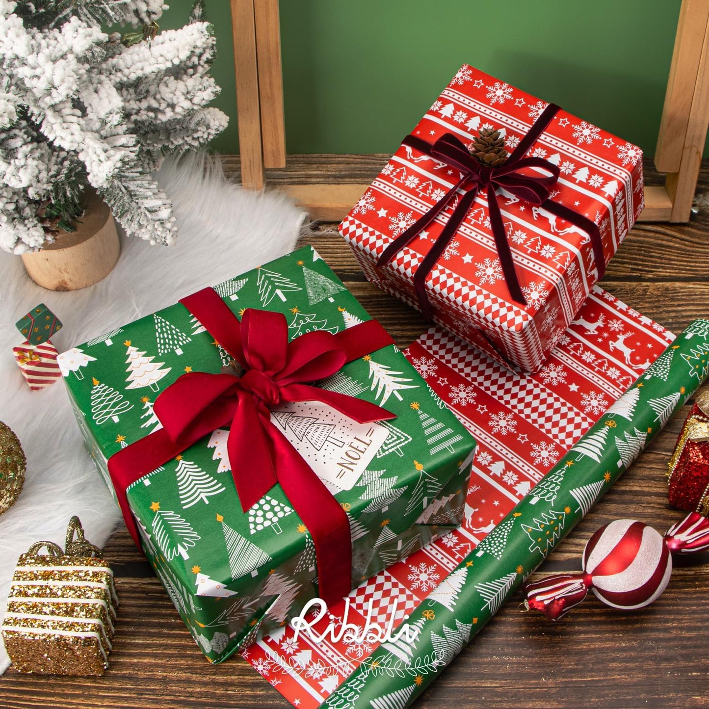 Ribbli Christmas Wrapping Paper Reversible Green Christmas Tree and Red Reindeer Gift Wrapping Paper Rolls Holiday Presents Decoration-17 Inch x 33 Feet