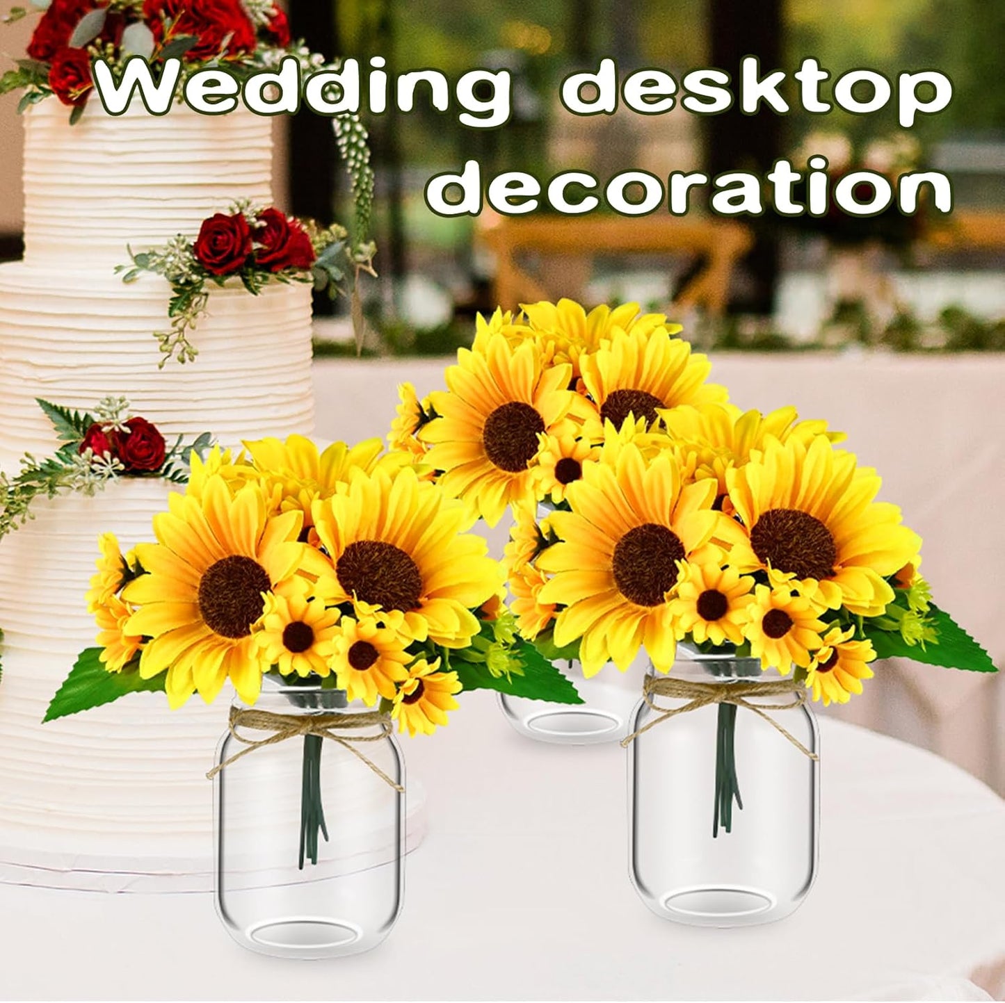 6 Set Centerpiece Table Decorations Mason Jar Table Centerpiece with Flower Mason Jar Wedding Centerpieces Vases Decor for Reception Engagement Party Bridal Shower (Sunflower)