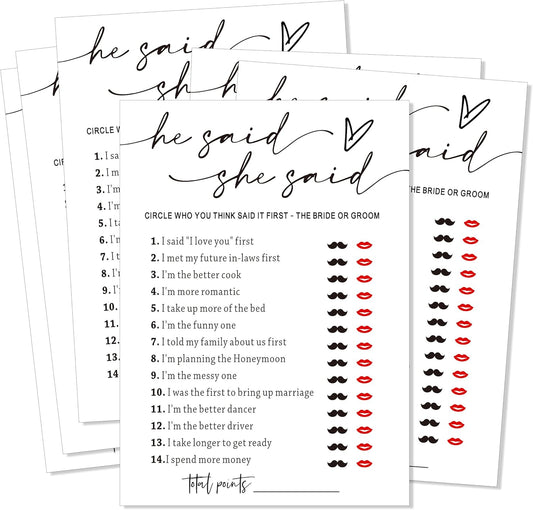 Fun Bridal Shower Games Set 25 Weddin Games Cards He Said She Said with Fun Bride and Groom Trivia Favors for 25 Guests, Minimalist White Wedding Party Supplies - A09