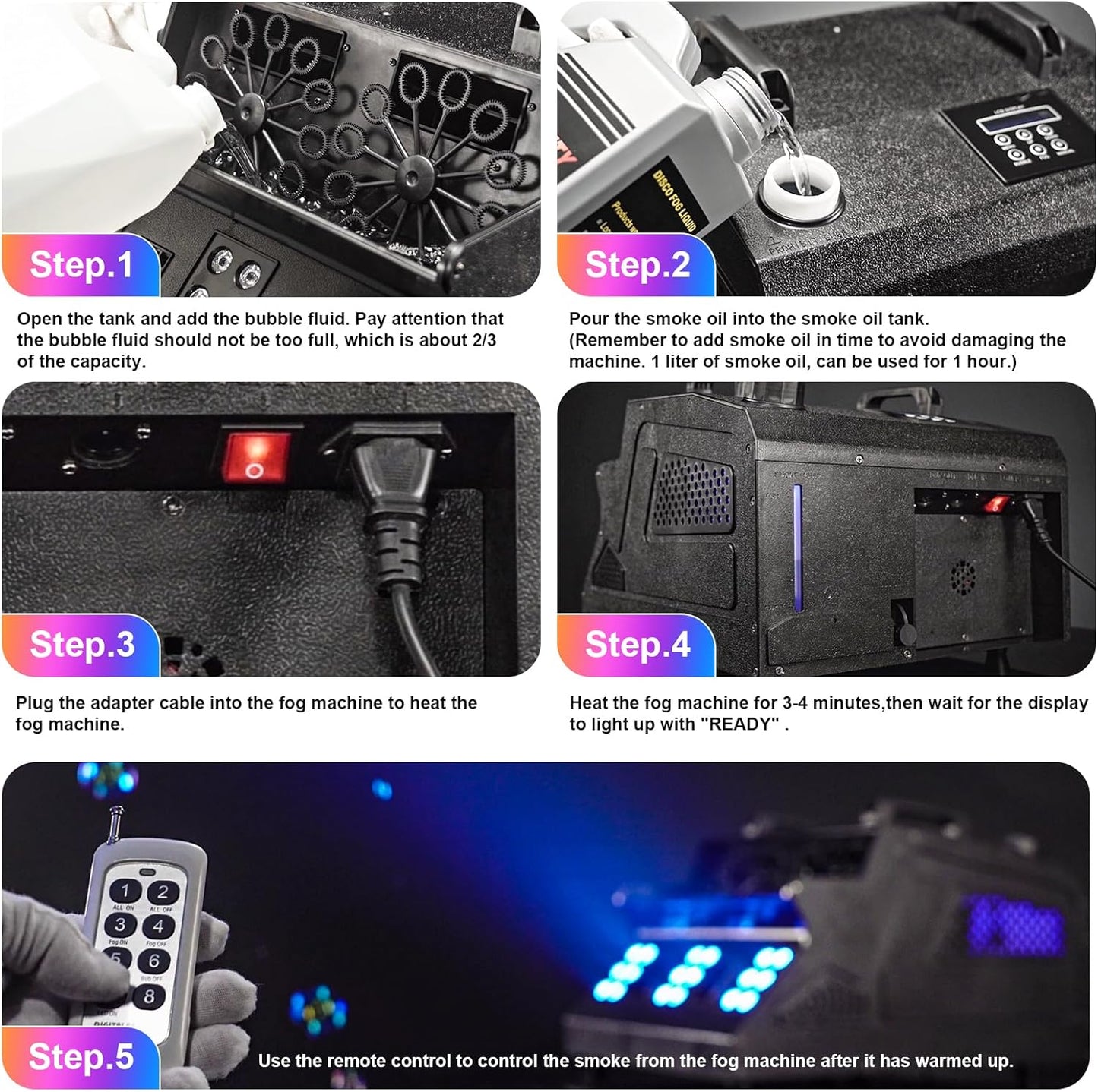 2000W Fog Machine, 3 in 1 Fog Bubble Machine with 2 Bubble Fans, 18 RGB LED Lights Smoke Bubble ALL IN ONE Fog Machine, Bubble Machine for Halloween Christmas Party Wedding, 3 Pack