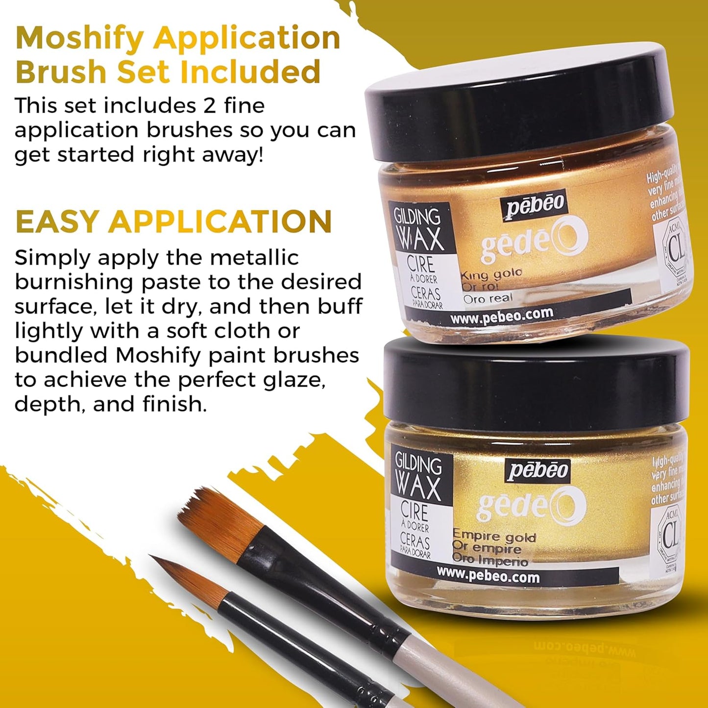 Pebeo Gilding Wax 30ml – Antique Gold Gilding Wax for Crafting, Antiquing Wax for Crafts and Professional Finishing – Gilding Wax for Wood, Metal, and More Bundled with Moshify Application Brushes