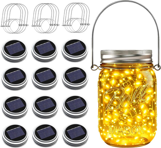 ZNYCYE Mason Jar Solar Lights for Outside, 12 Pack 30 LED Fairy Firefly Lights Mason Jar Solar Lids Outdoor Waterproof String Lights with Hangers(NO JARS) for Patio Garden Yard Lawn Decor - Warm White