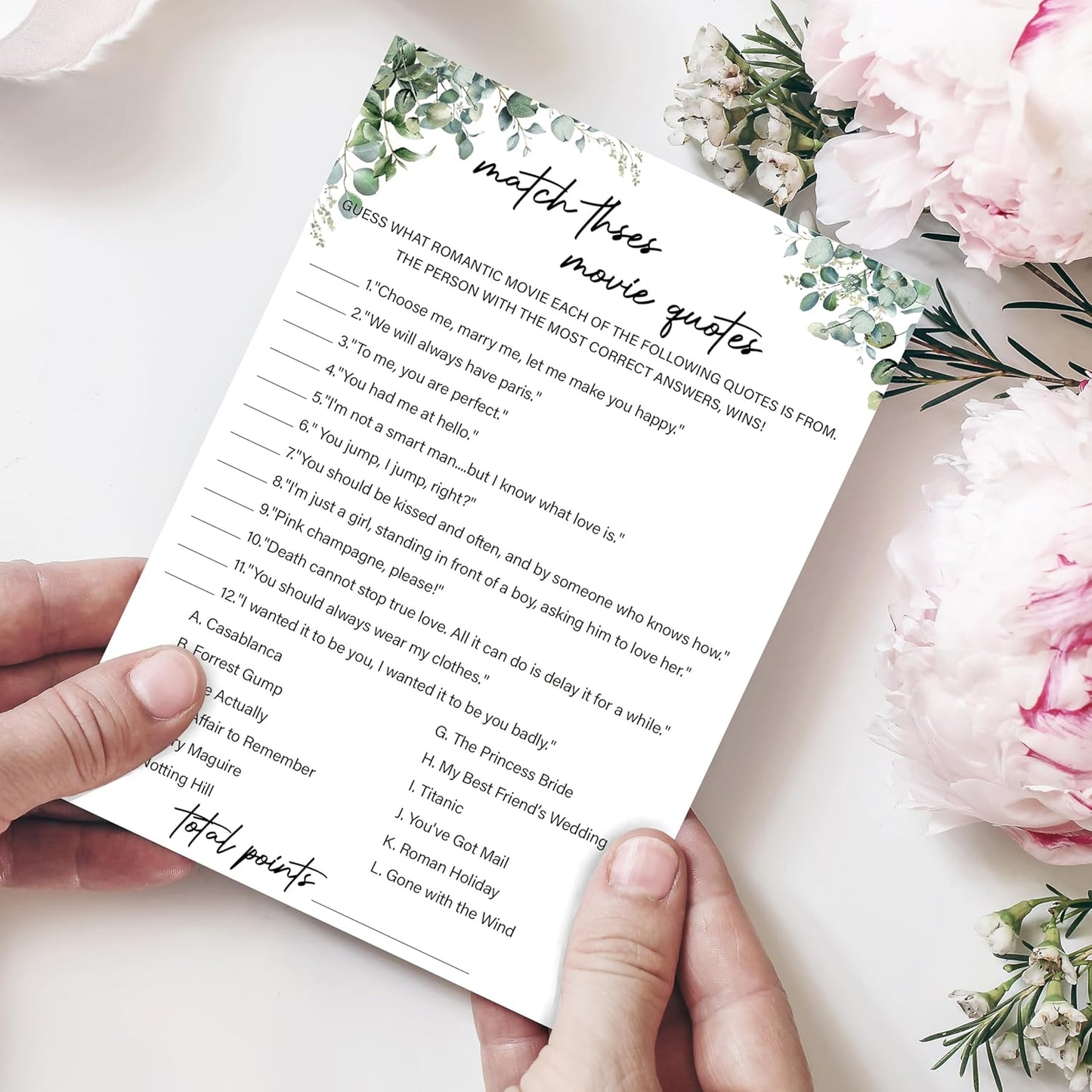 Eucalyptus Bridal Shower Game Cards - Match These Movie Quotes, Wedding Engagement Bachelorette Party Games for 30 Guests, 30 Double Sided Cards with 1 Answer Card, Activity Supplies & Favor/A10