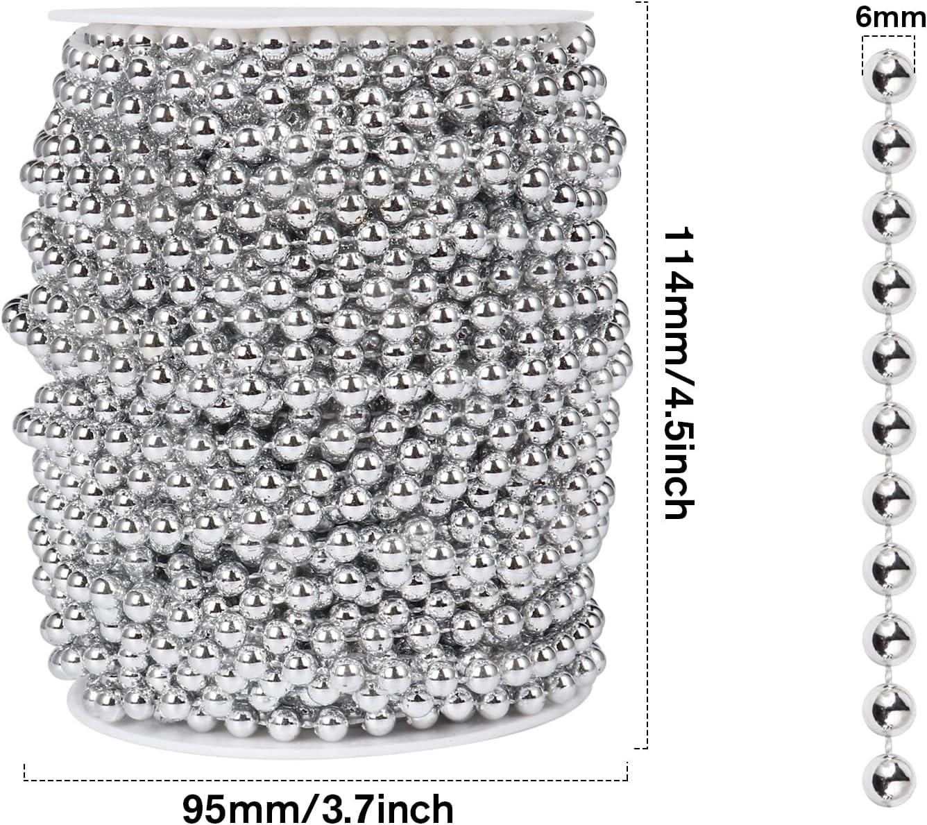 [98 Feet] Silver Pearl Beads Garland, 6MM 33 Yards Silver Faux Pearl Beads String Roll Bulk for DIY Craft Christmas Tree Wedding Party Decoration