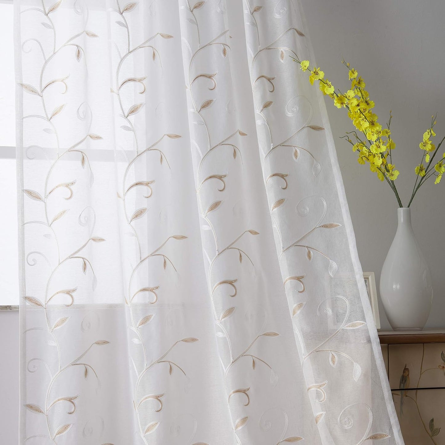 VISIONTEX White Sheer Voile Curtains, Decorative Beige Leaves Embroidery Faux Linen Rod Pocket Window Drapes for Home Kitchen, Living Room and Bedroom 54 x 63 Inch, Set of 2 Curtain Panels