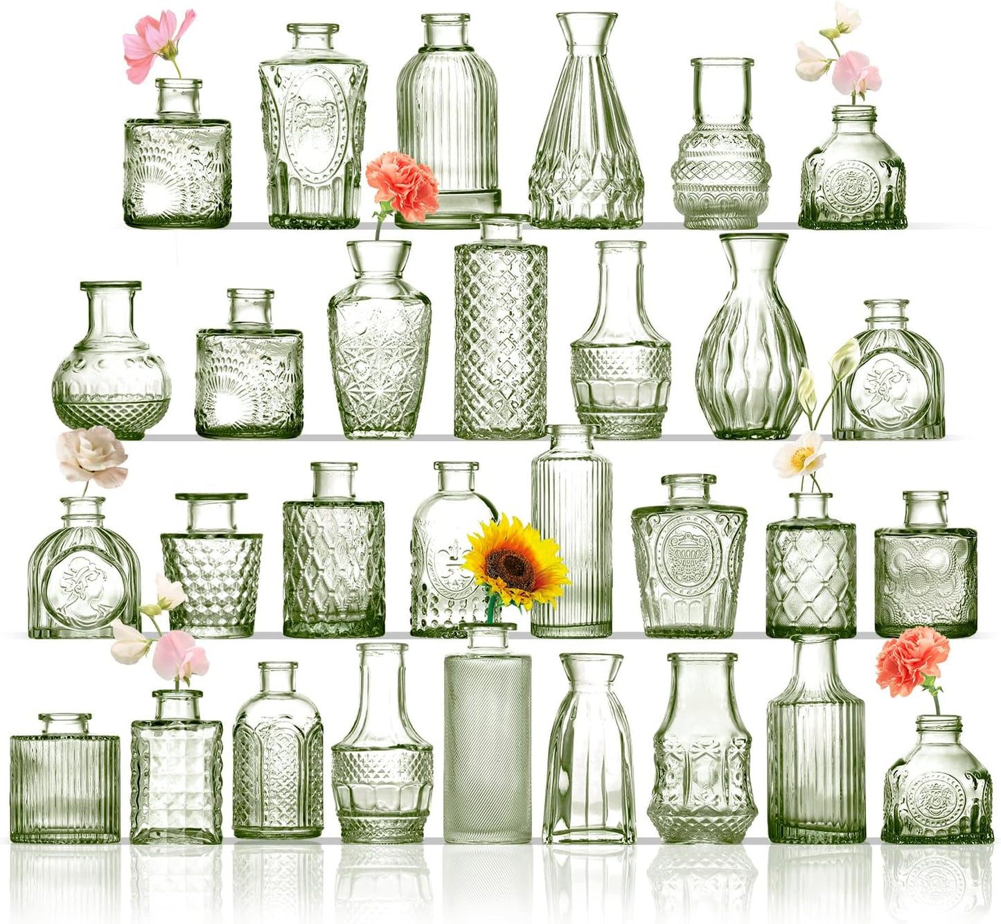 Bud Vases in Bulk 30, Green Glass Bud Vases for Centerpieces, Small Vase for Flowers, Mini Vintage Flower Vase for Centerpieces, Wedding Table Decor, Home Decor