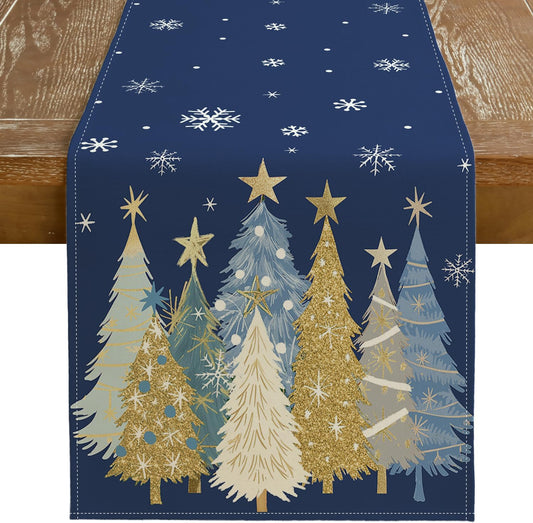 GEEORY Christmas Table Runner 13x120 Inch, Xmas Trees Snowflakes Holiday Decorative Farmhouse Table Decoration for Kitchen Dinning, Indoor Outdoor Dinner Party Decor (Blue) GT151-120N