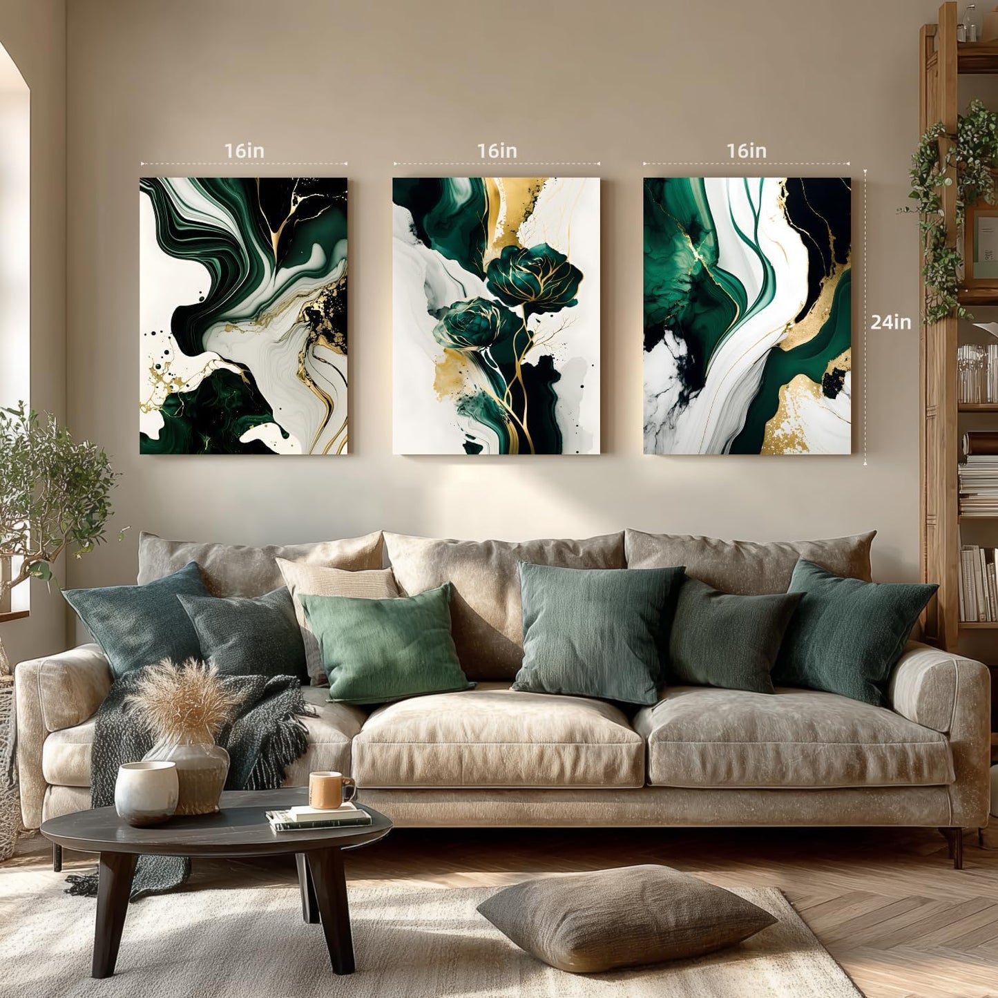IAFWZX Framed Green Gold Abstract Wall Art, Emerald Marble Textured Wall Decor, Contemporary Line Flower Canvas Paintings, Abstract Floral Poster Prints for Living Room Bedroom Office 16"x24"x3