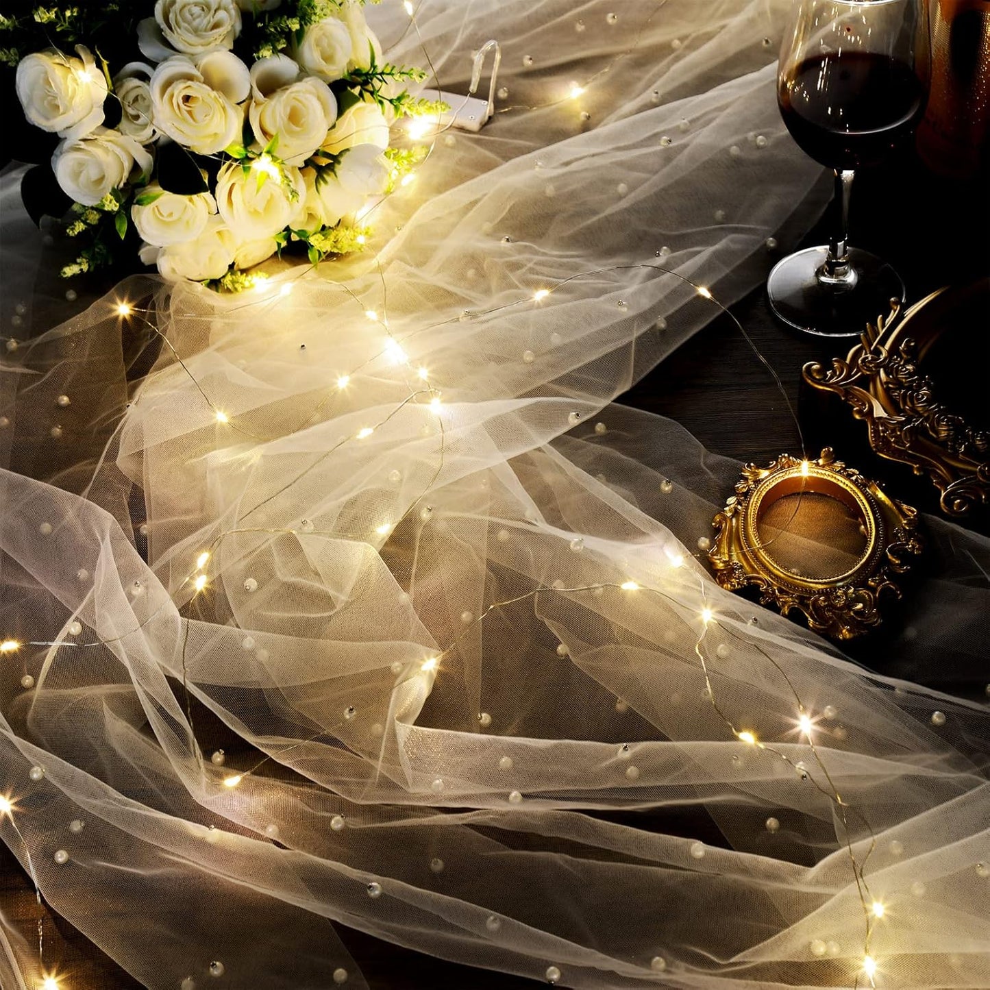 10 ft 4 x 120 Inch White Wedding Tulle Table Skirt with LED Lights White Pearl Chiffon Birthday Table Runner Tulle Sweetheart Decor Pearl Arch Decorations Outside Baby Shower Ceremony (Plug in Type)
