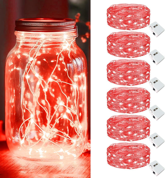 kolpop 6 Pack LED Fairy Lights Battery Operated, Mini Twinkle String Lights Battery Powered Waterproof for Christmas Mason Jars Party,Red