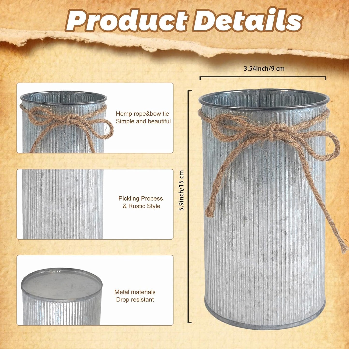 6" High Vase Centerpiece for Table, Rustic Farmhouse Mason Jars with Twine Bow, Vintage Galvanized Metal Flower Container for Wedding Home Decor (Silver, 2Pcs)