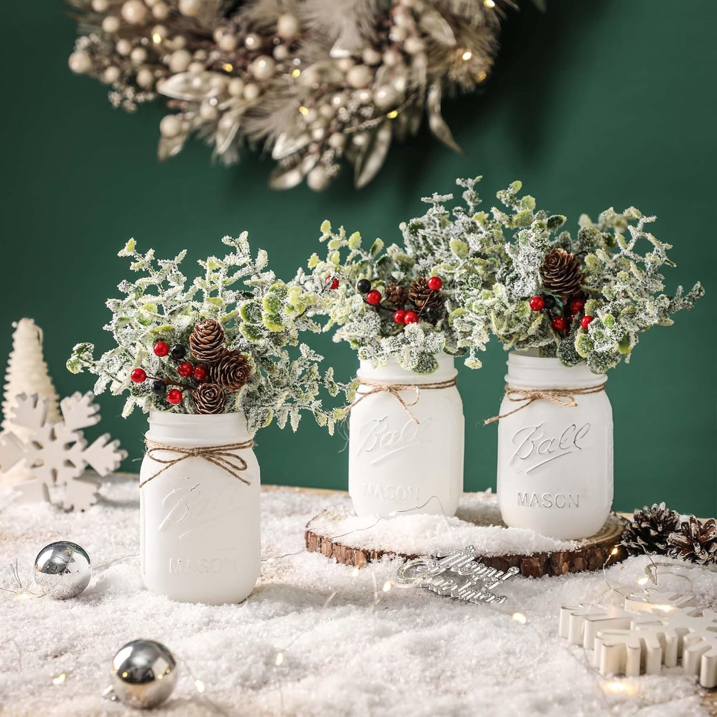 Christmas Mason Jars, Set of 3 White Painted Jars with Artificial Pine and Berries in Wood Tray, Christmas Centerpieces for Dining Table, Winter Home Decor