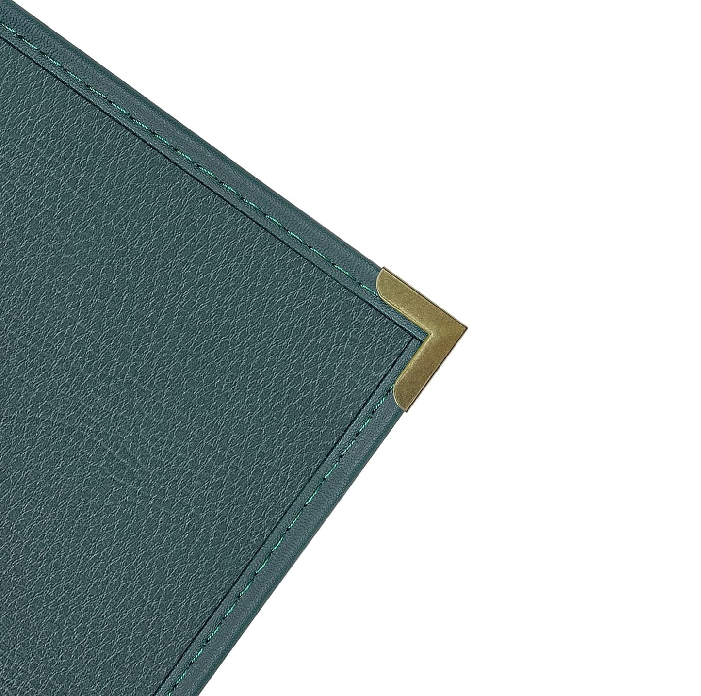 Goodsmart Pajco Style Restaurant Menu Covers – Pack of 10, Side-Loading Menu Holders, Single Stitched Edge, Clear Vinyl Menu Sleeves, Leatherette Trim, Gold Corners, Green, 6 View (8.5" x 14")