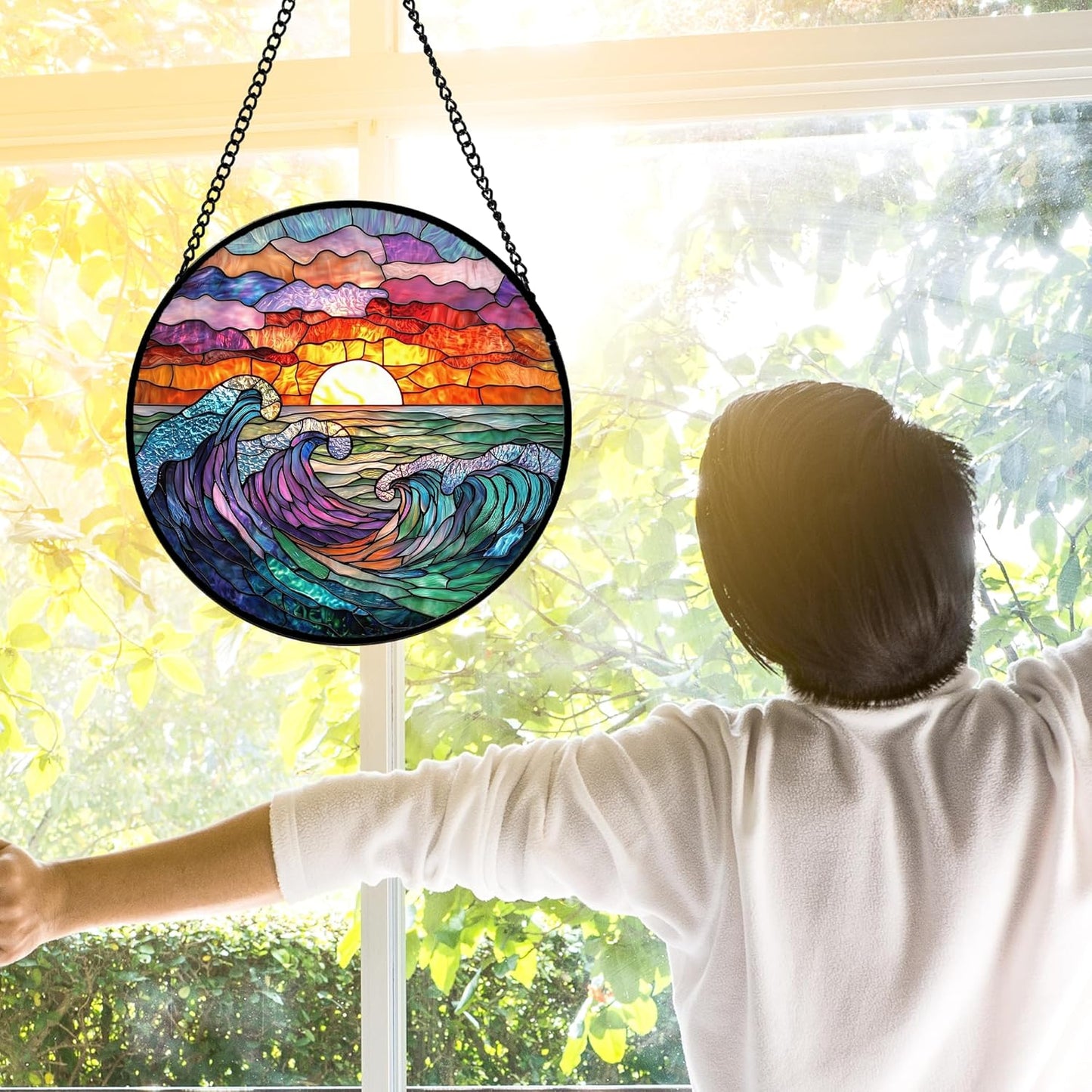 Stained Glass Window Hanging, Clouds and Sea Waves Suncatcher Diamond Glass Panel Hangings Scenery Sun Catchers Decor for Birthday for Women, Men, Wife, Aunt, and Mom 6.3 in