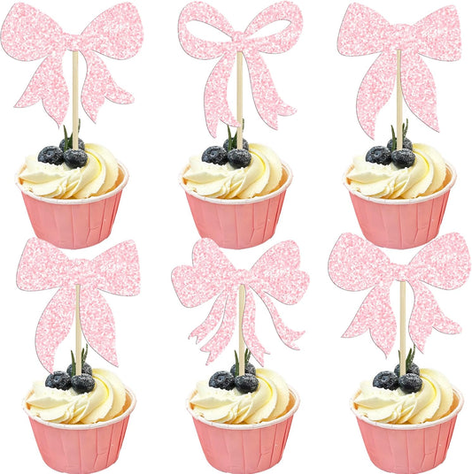 Gyufise 36Pcs Bow Cupcake Toppers Glitter Girls Birthday Decorations Bowknot Cupcake Picks Bow Tie Birthday Decorations Bow Cake Toppers for Bridal Baby Shower Bachelorette Party Supplies Light Pink