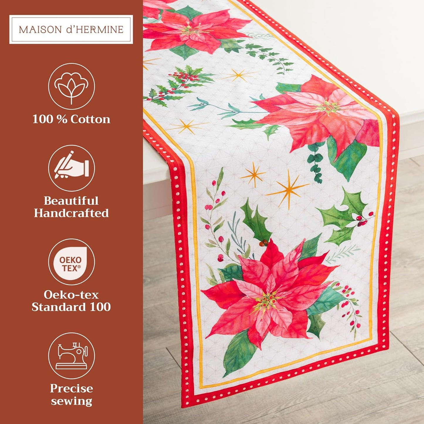 Maison d' Hermine Table Runner 100% Cotton Double Layer Table Runners 108 inches Long for Thanksgiving Christmas Decorations Home Kitchen Dining Party Wedding (Poinsettia Christmas, 14.5" x 108")